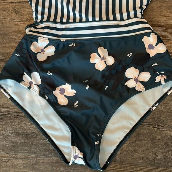 Sunikini Large High-Waist Vertical Striped/Orchid Floral One-Piece Swimsuit - Picture 8 of 14